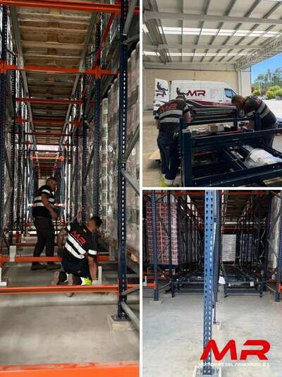 Montaje y nivelación técnica de estanterías metálicas de alta densidad y transporte continuo por MR Verticales para un centro logístico en Portugal. Especialistas en instalaciones industriales desde Gijón