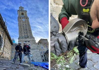 Colocación de líneas de vida en el tejado de la iglesia de La Laboral de Gijón